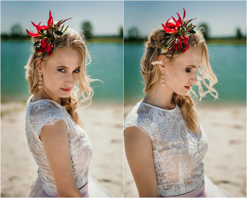 suknia ślubna kwiatowa opaska na włosy makijaż ślubny sesja na plaży mix&match etno