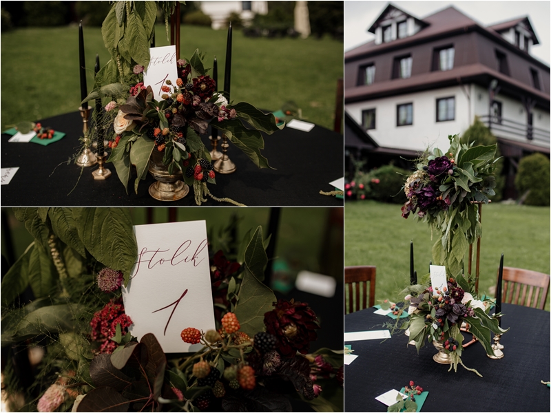 czarny obrus na stół weselny  dekoracja stołów weselnych dekoracje weselne dekoracje florystyczne stół weselny inspiracje trendy ślubne 2021 A&A Decor Design