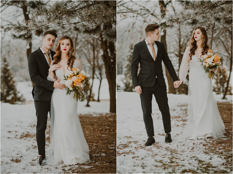 suknie ślubne 2021, suknia ślubna z długimi rękawami, zimowa sesja ślubna, wesele w klimacie glam, gamour wesele, żyrandole kryształowe na weselu, zielone wesele z żółtym