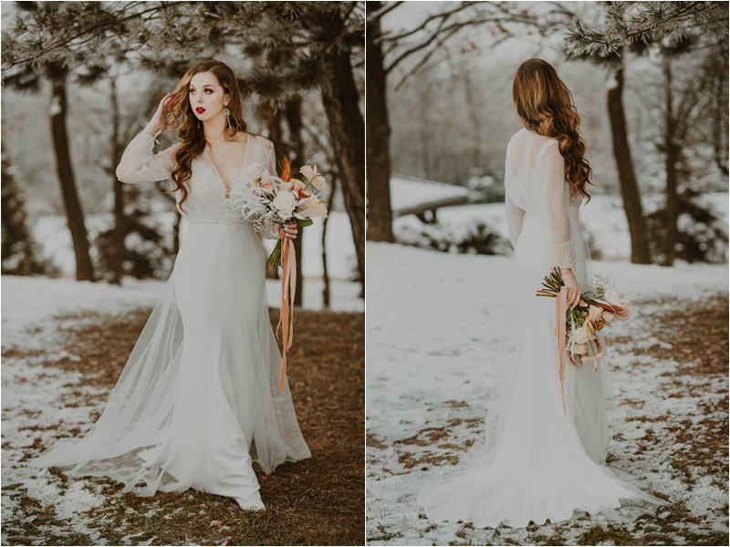 zimowy bukiet ślubny w rożu, suknie ślubne 2021, suknia ślubna z długimi rękawami, zimowa sesja ślubna, wesele w klimacie glam, gamour wesele, żyrandole kryształowe na weselu, zielone wesele z żółtym