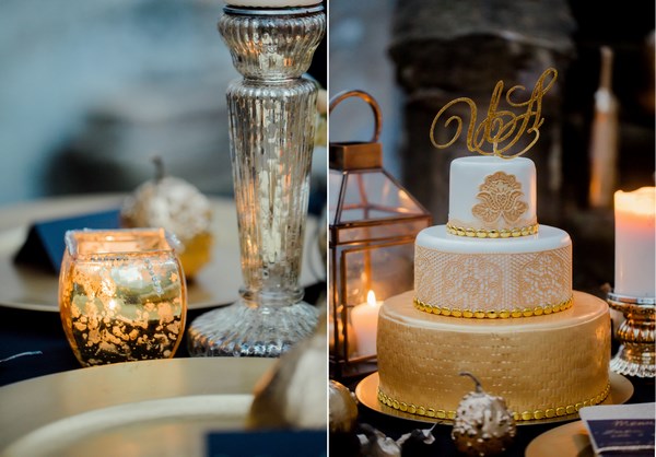 złoty tort ślubny i stół weselny oraz dodatki na ślub i wesele, jesienna sesja ślubna z motywem złota