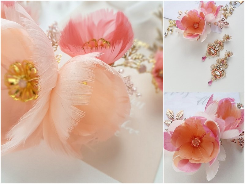 ozdoba do włosów ślubna ozdoba do włosów coral living coralkolor pantone 2019 PiLLow Design biżuteria ślubna biżuteria na ślub na wesele pióra sutasz 