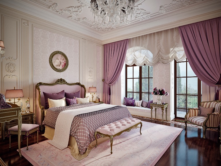 fioletowa dekoracja sypialni