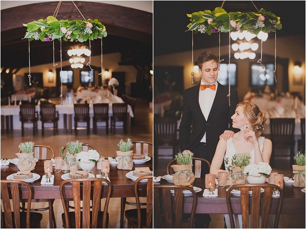 zielone kwietne wieńce na ślub, kwiatowe żyrandole na wesele, dekoracje ślubne 2015